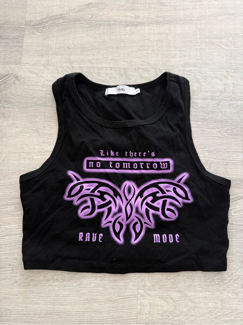 Adika Black Crop Tank with Purple Tribal Butterfly Graphic